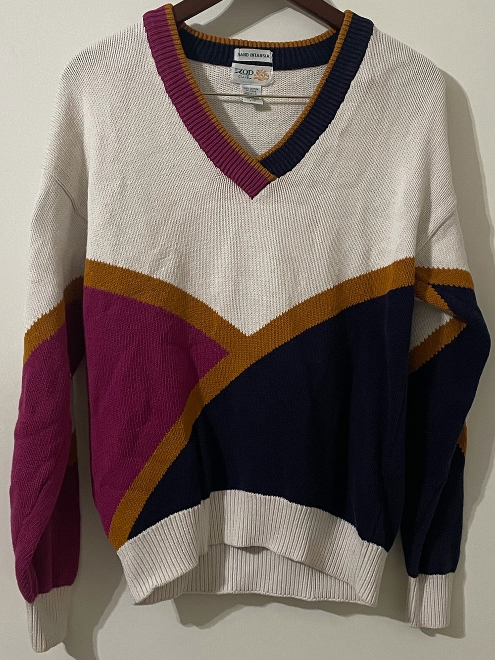 Vintage Izod Club Hand Intarsia Colorblock V-Neck Cotton Sweater Size Large